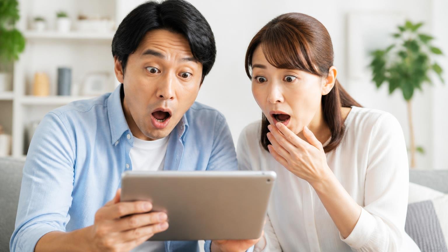 掲載料金の比較。リビングでタブレットの料金一覧を見た夫婦2人が金額差に驚いて目を見開く