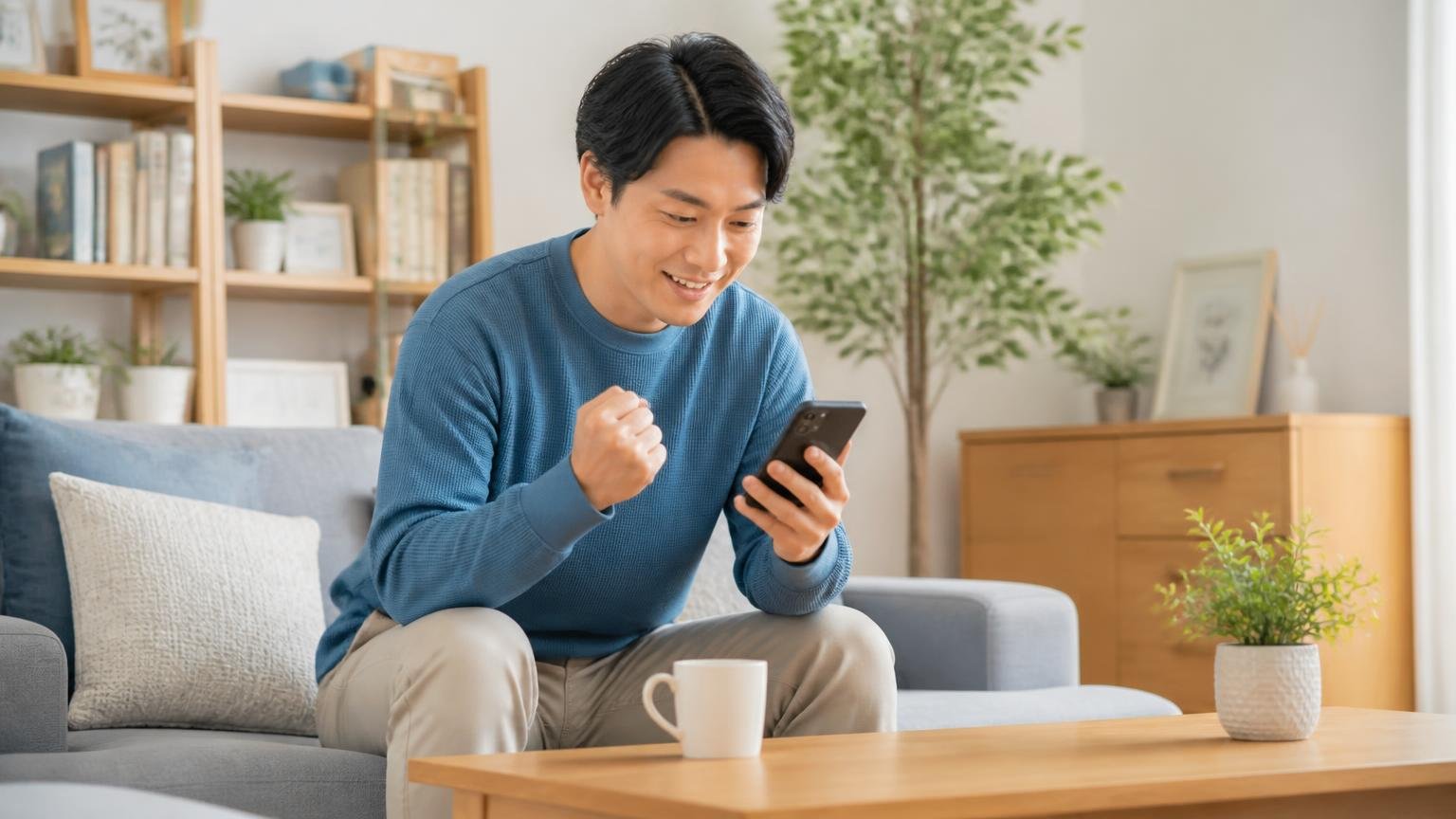 向いていないと分かった人の次の一歩。リビングでスマホを見ながら別の業者を探す住人1人が前向きな表情