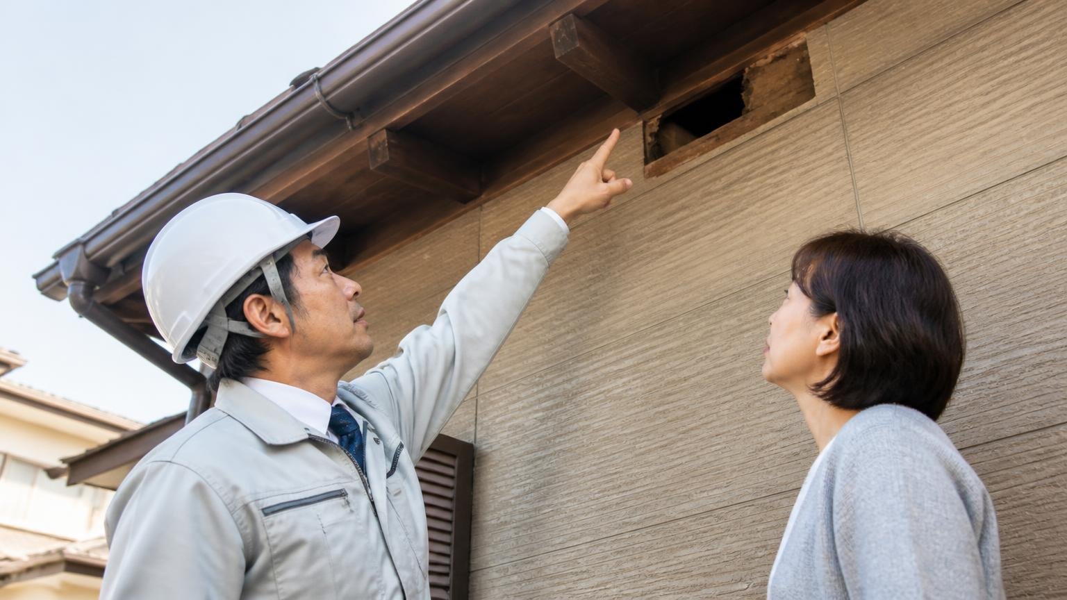 天井裏のハクビシンやネズミで依頼した人の声 木造戸建ての軒下で外壁の侵入口を見上げる 調査員と住人の2人 穴を指差して説明