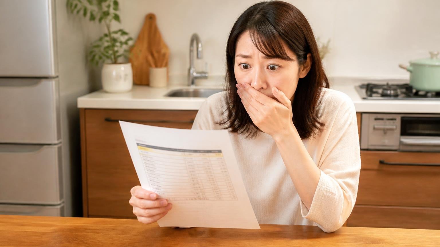 公表されているのは最低料金だけ。住宅の台所で女性1人が業者の料金表の紙を手に取り、驚いて口元を押さえる