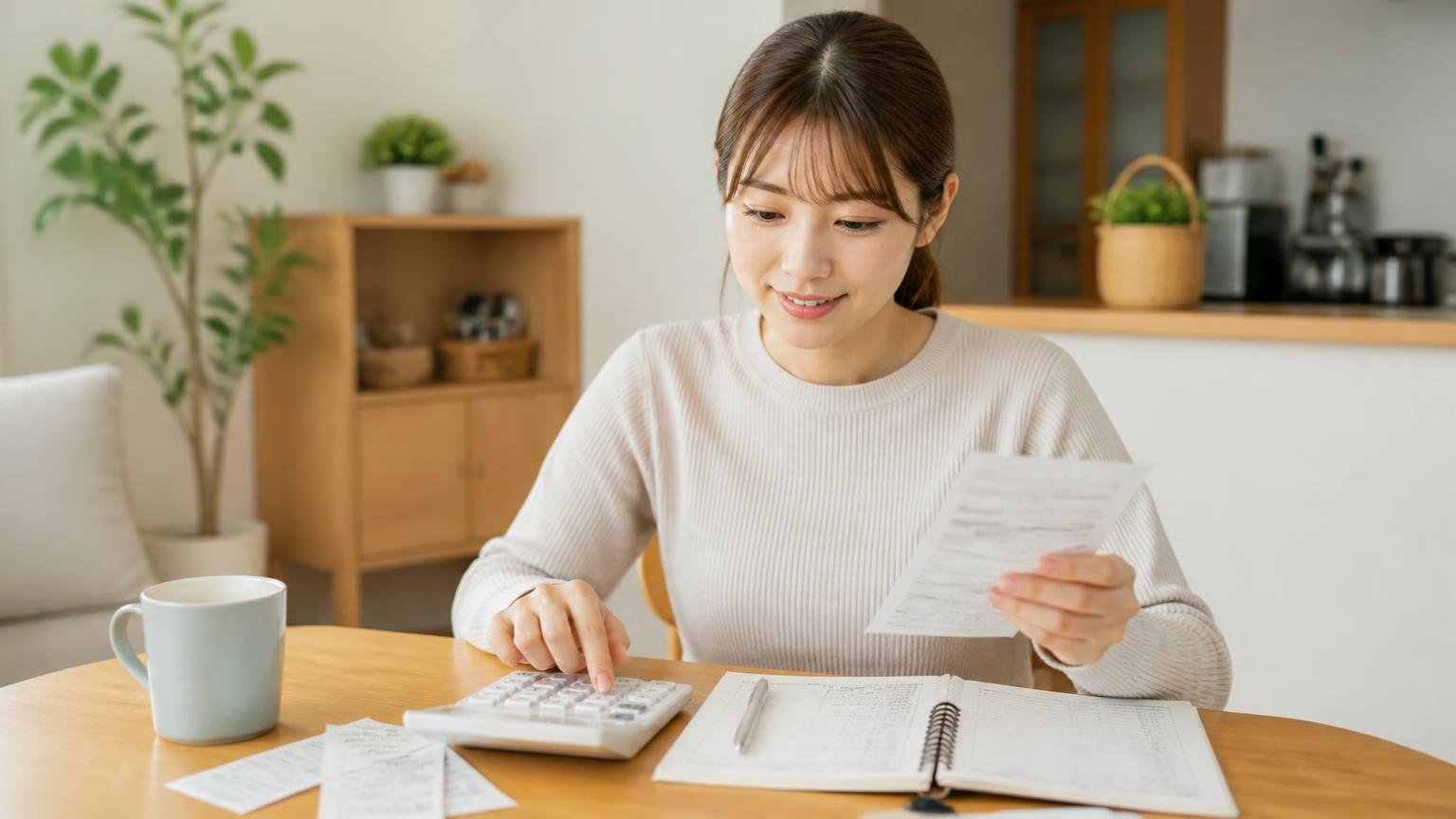 害獣駆除にかかった費用を家計簿と照らし合わせる。ダイニングで電卓と明細を見る30代女性が安堵の表情