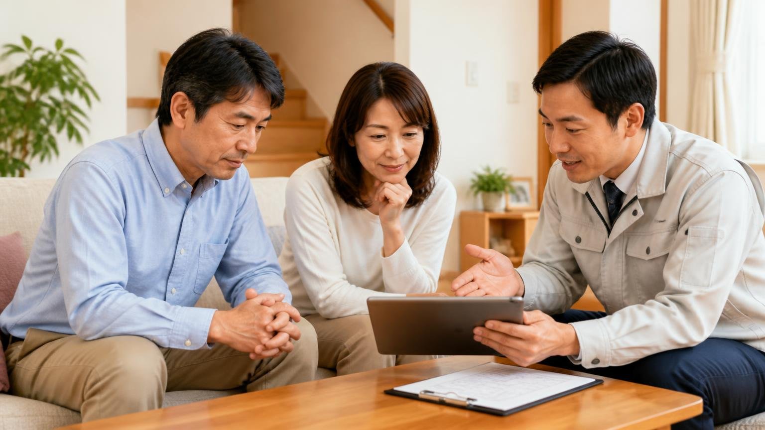 向いている人 神奈川や東京でシロアリを腰を据えて相談したい人 木造戸建てのリビングで作業員の説明にうなずく夫婦 3人