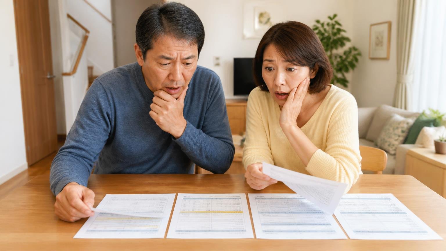 被害の程度で費用が変わることを知る場面。木造戸建てのリビングで見積書を並べて比べる40代夫婦2人