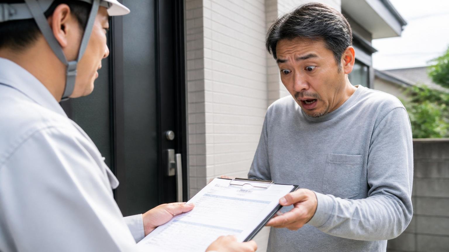 格安広告に飛びつく場面。自宅玄関先で作業員から見積書を手渡され金額を見て固まる40代男性1人