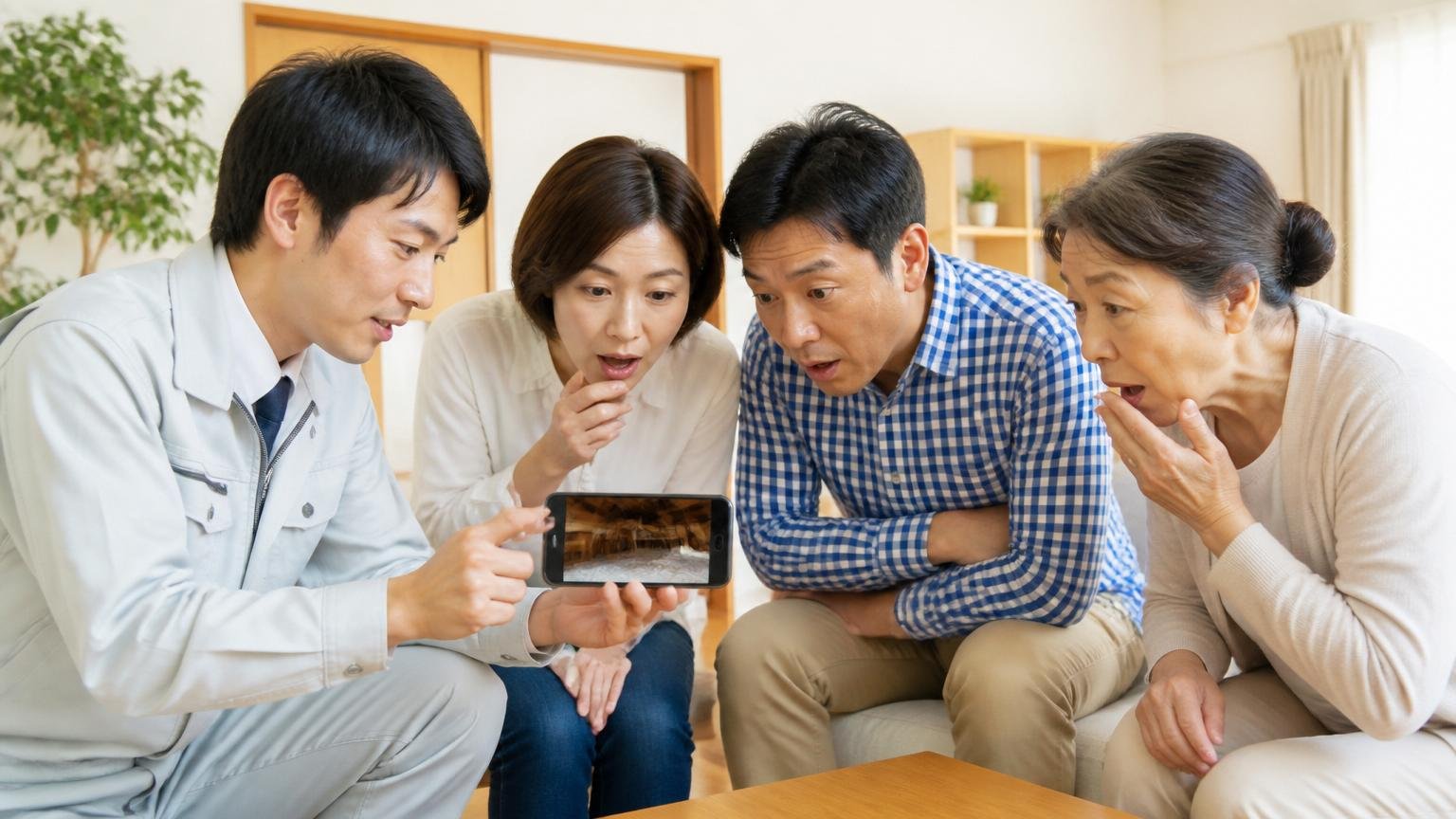 天井裏の調査写真を見せてもらう場面。木造戸建てのリビングで作業員がスマホ画像を見せ、住人3人が身を乗り出す様子