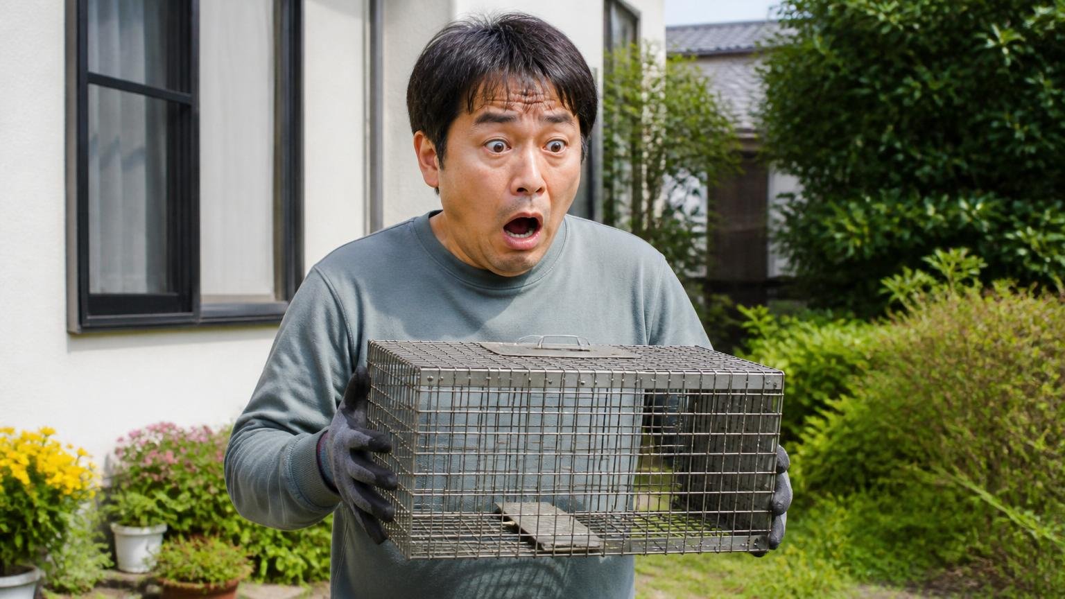 自力での捕獲が法律で制限されることを知る場面、住宅の庭先で男性1人が捕獲器を手に持ったまま驚いた表情で固まっている