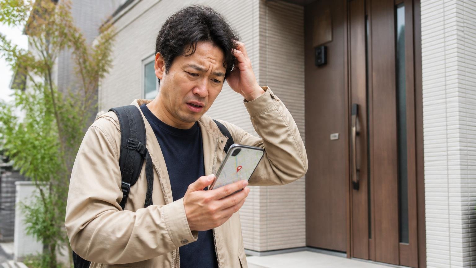 ホームレスキューが向いていない人 住宅の玄関前で住人1人がスマホの地図を見て困惑する