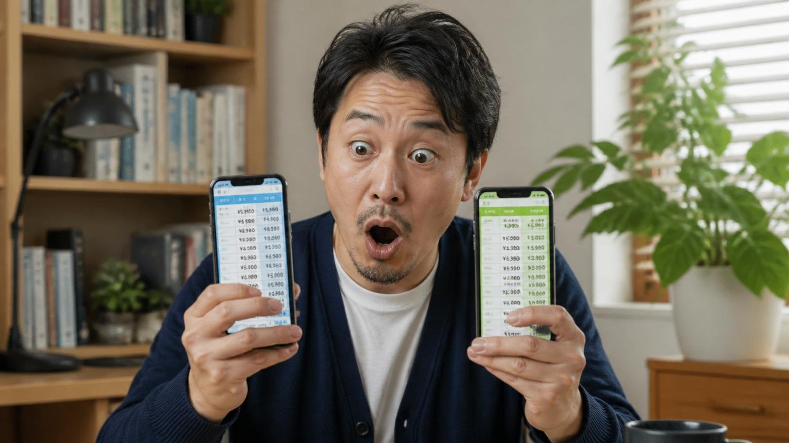 料金の表示が媒体によって違うことに気づく場面。住宅の書斎で住人1人がスマホ2台の料金表を見比べて目を見開く