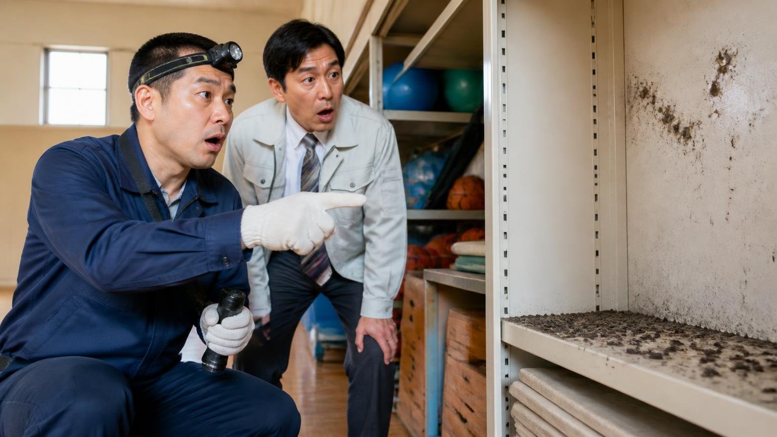 法人や施設からの依頼にも対応している 体育館の倉庫でコウモリの痕跡を確認する作業員と施設管理者が驚く