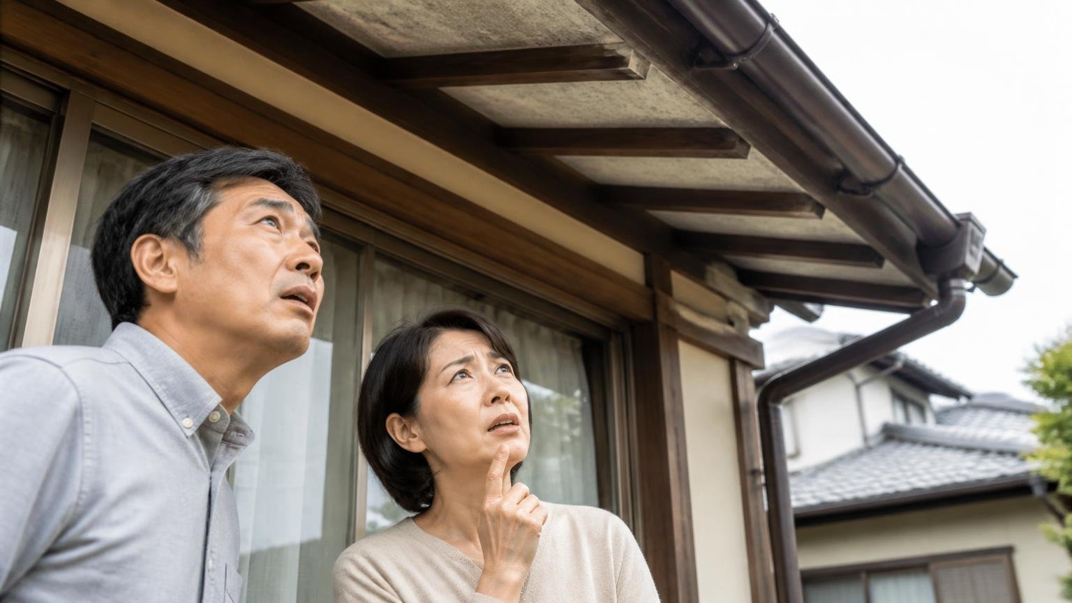 対応害獣の一覧を確認する場面。木造戸建ての軒下を見上げる住人2人が心配そうな表情