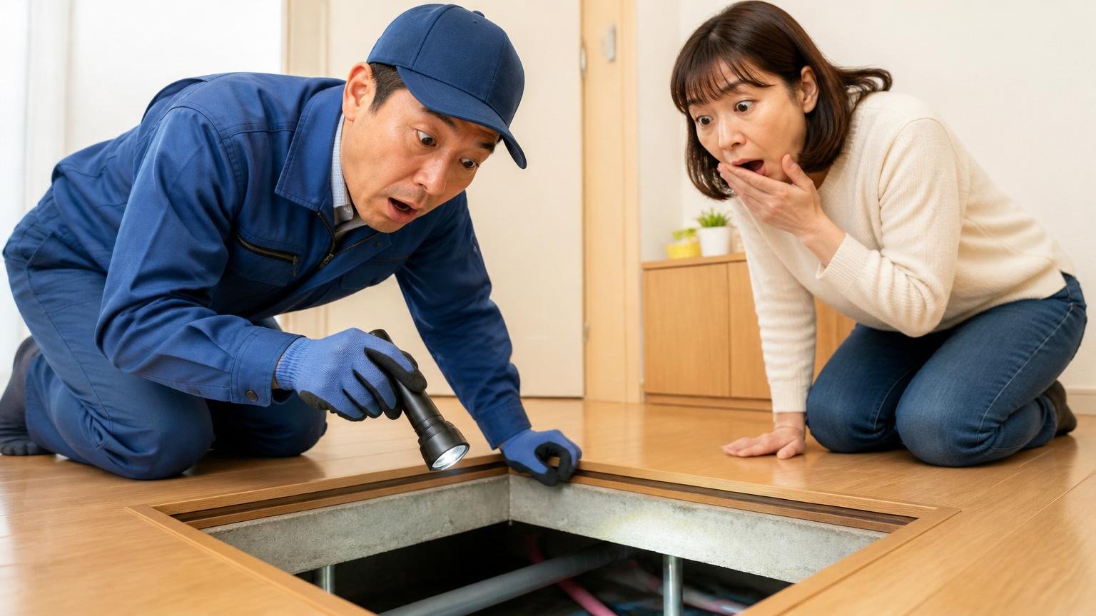 物差し②「〇〇円〜」の「〜」に入っていないもの。住宅の床下をのぞき込む作業員1人と住人1人が驚いた表情