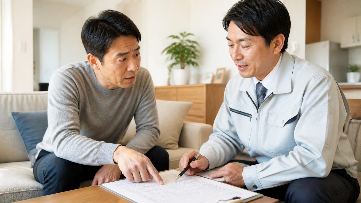 見積書の内訳を確認する場面。住宅のリビングで見積書を指さして質問する40代男性と説明する作業着の担当者