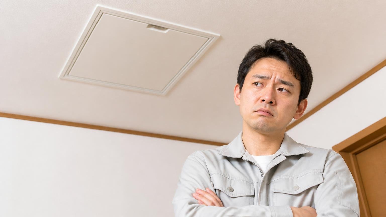 向いていない人の条件|住宅の屋根裏点検口の前で男性が困った顔で腕を組む