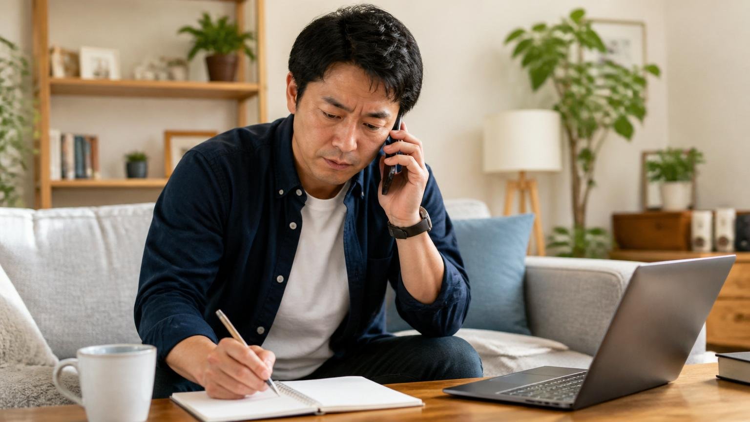 同じ条件で見てもらうための伝え方。リビングで住人1人が電話をかけながらメモを取り真剣な表情
