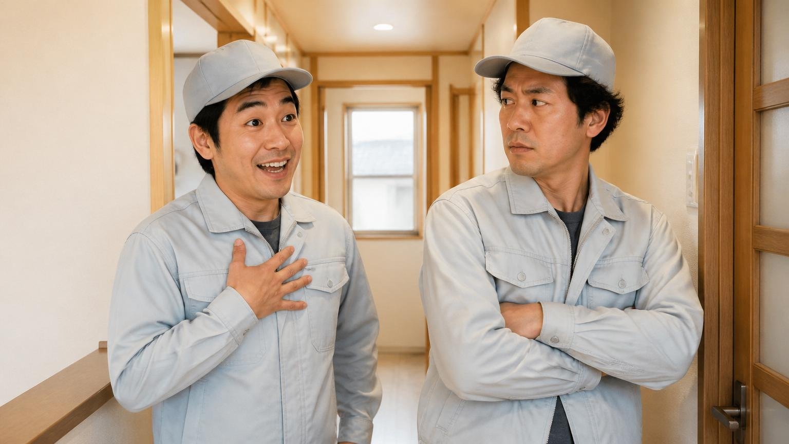 担当者で印象が変わる声。木造戸建ての廊下で作業員2人が別々の表情で立っている