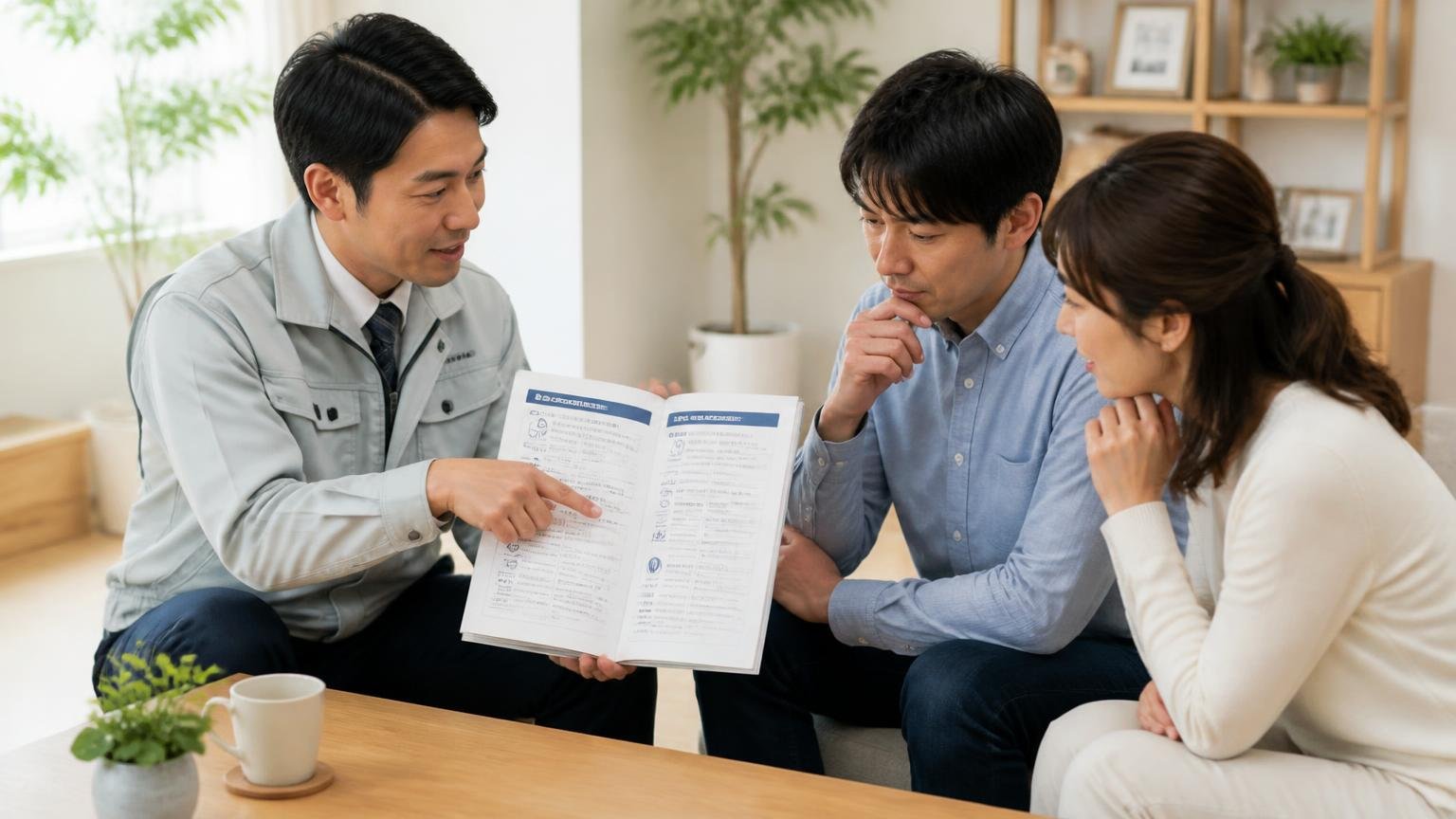 5年保証で何が無償になるのか。リビングで作業員1人が保証書を広げて住人に指さして説明する