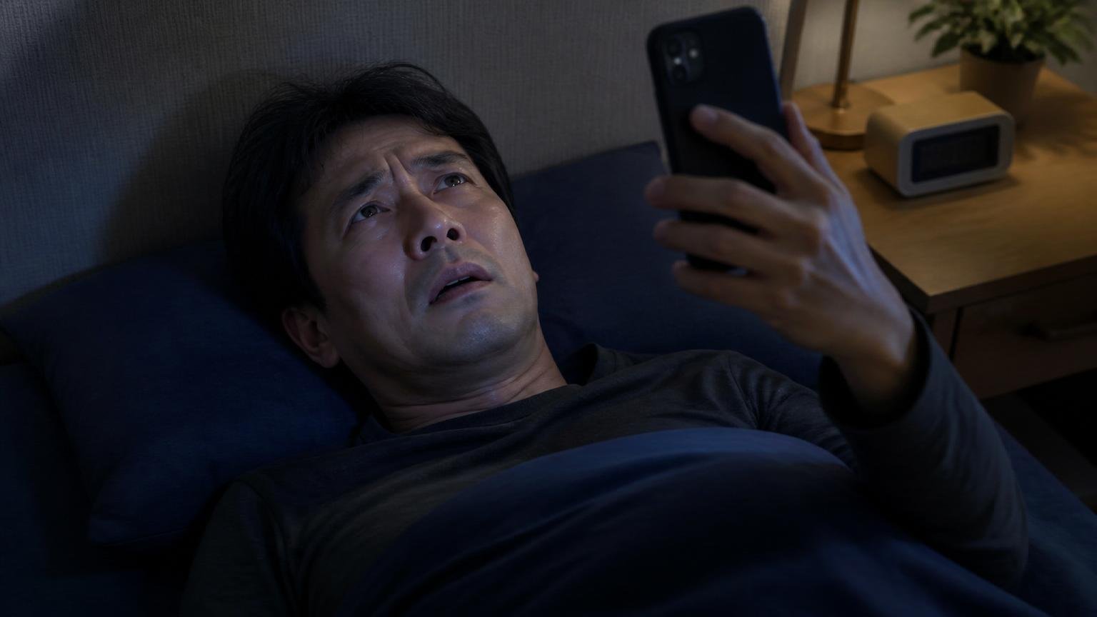 深夜に連絡できず困る場面。暗い寝室で天井を見上げながらスマホを握る40代男性1人が困惑した表情