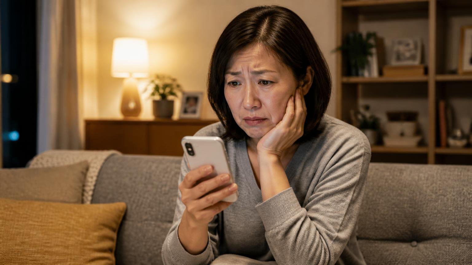 向いていないのはエリア外や夜間に相談したい人|夜の自宅リビングのソファ|40代女性1人|スマホを見て困った表情