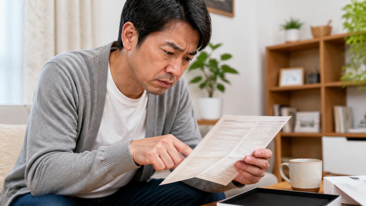 保証は最長3年だが全員が3年ではない リビングで保証書の文面を指でなぞる40代男性が眉を寄せる