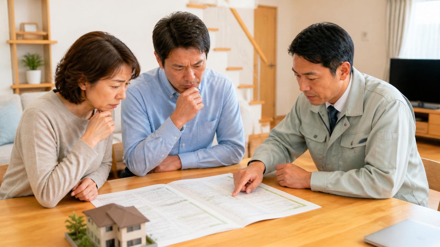 保証は年数ではなく範囲で見る 木造戸建てのリビングで住人2人が保証書を広げ作業員1人が指さして説明する