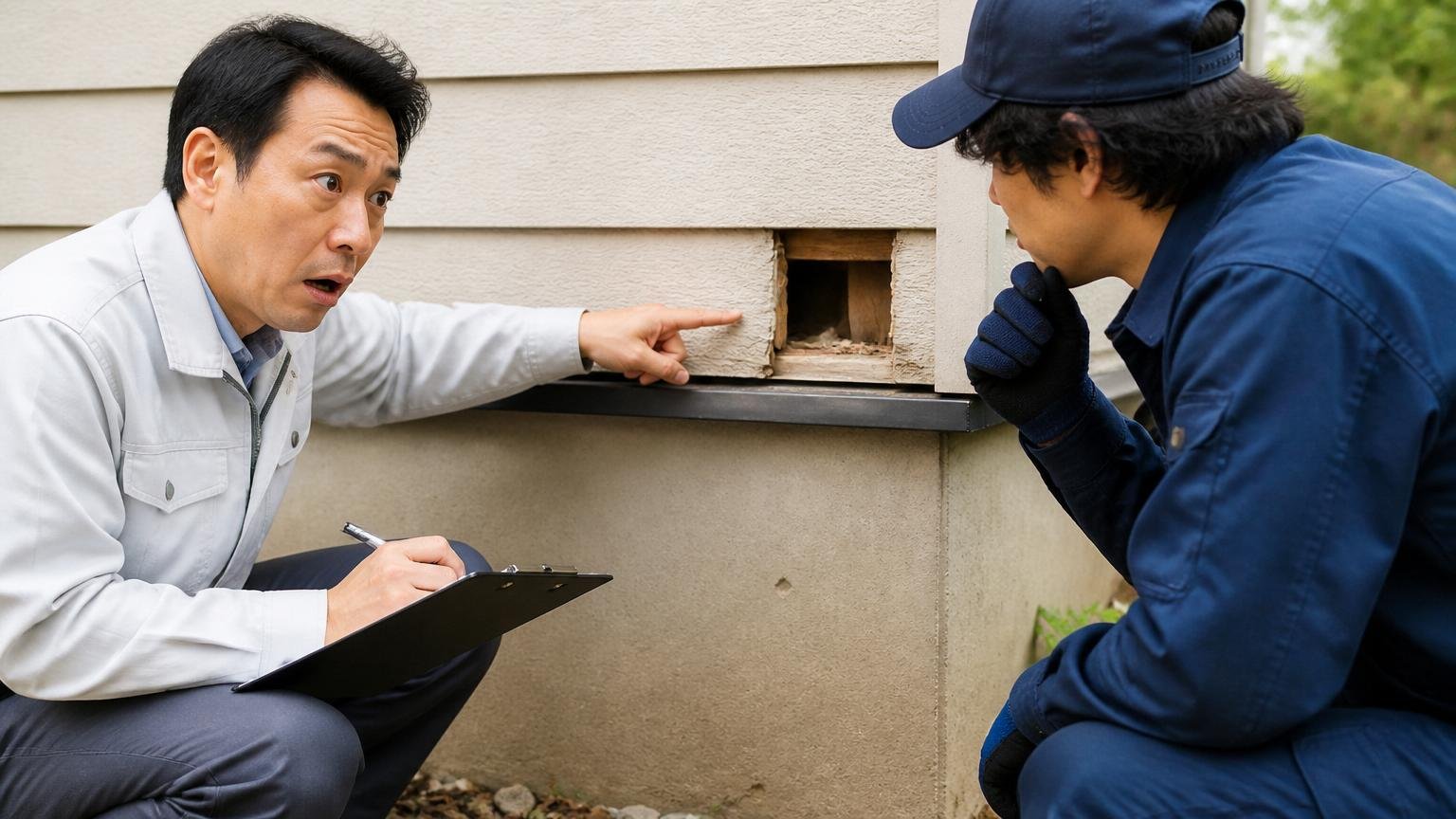 アライグマが一発で終わらない理由。家の外壁まわりで点検する作業員2人が侵入口を指さし話し合う