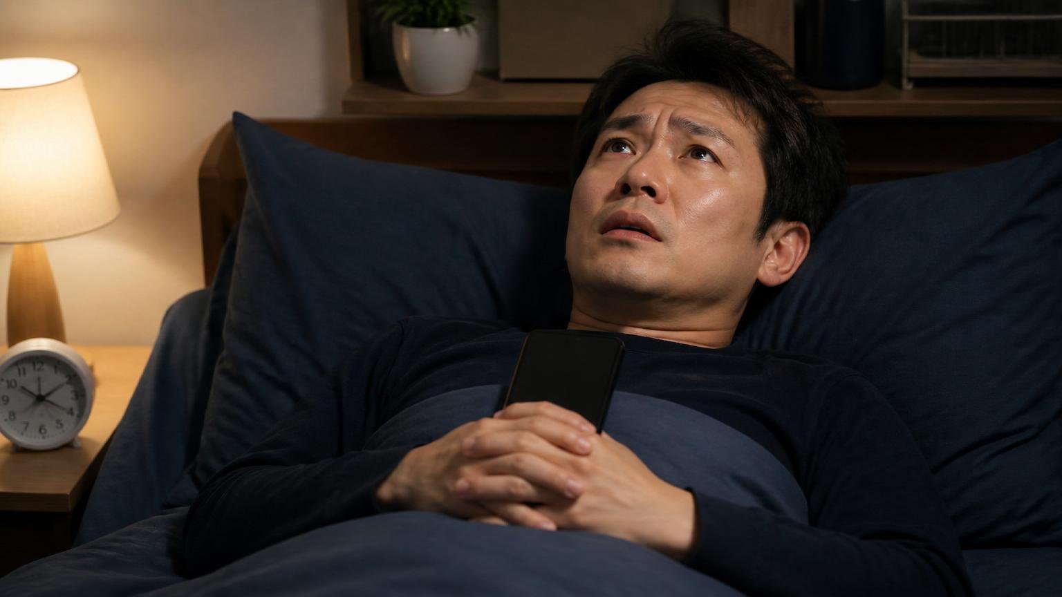 向いていない人。夜の寝室で天井を見上げスマホを握りしめる40代男性、眠れずに困った表情