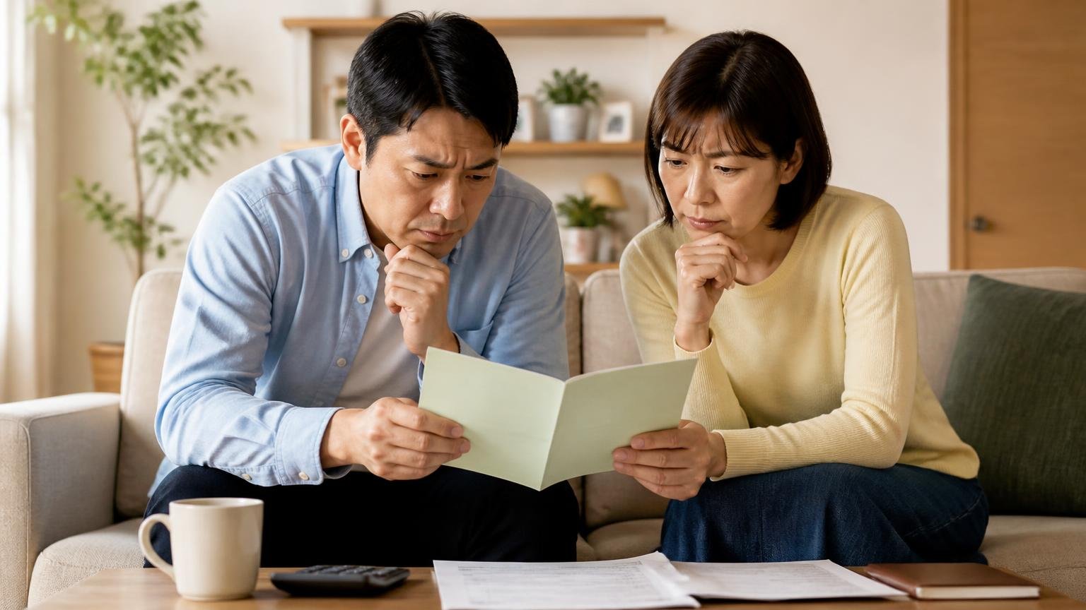 保証年数より再発時の対応内容を確認する重要性、リビングで保証書を読み込む夫婦2人が真剣な表情