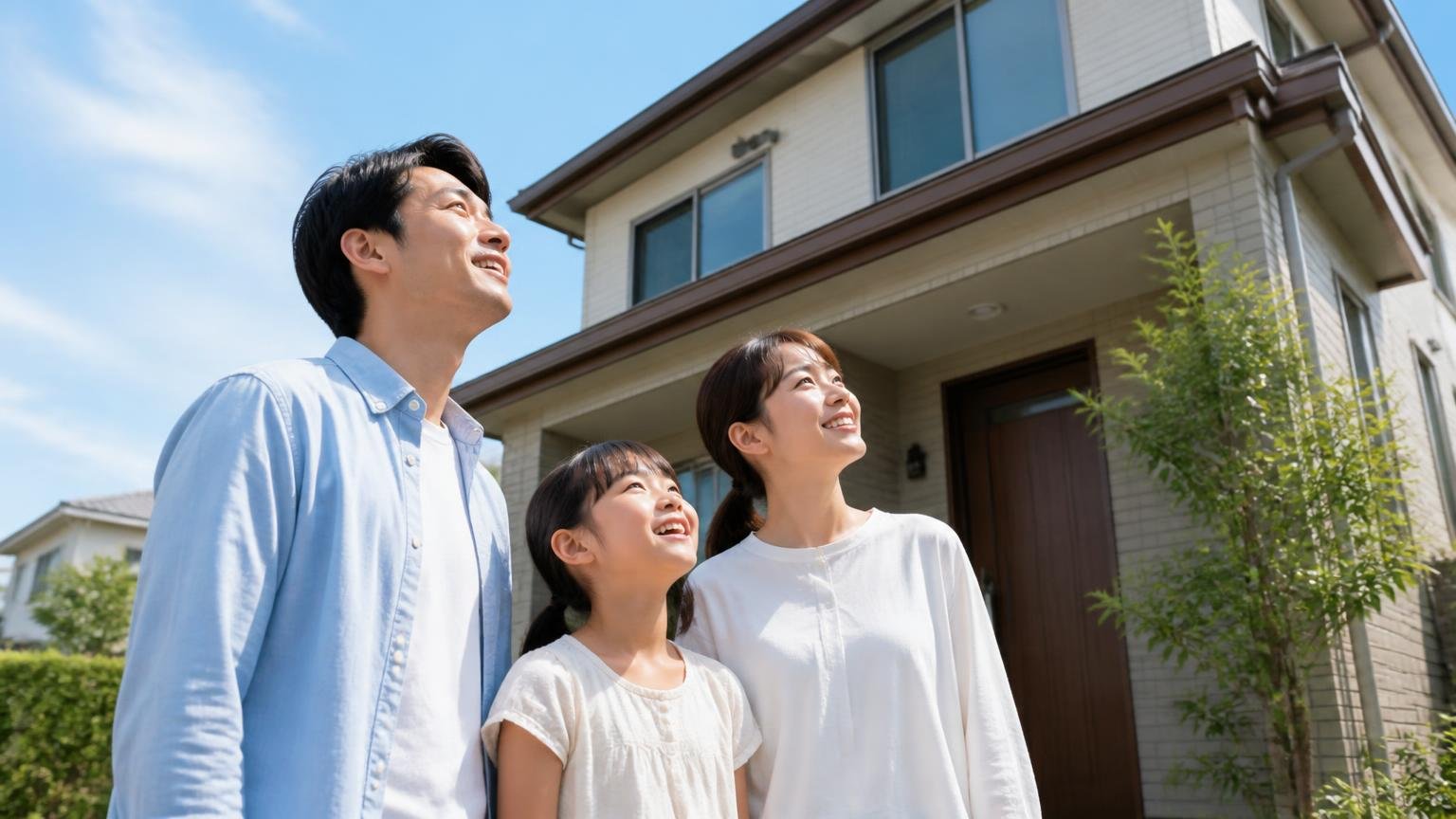 関東消毒が向いている人の5つの条件。木造戸建ての前で家族3人が笑顔で自宅を見上げる