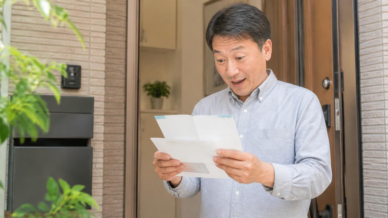 保証は工事保証書を発行し満了前に点検案内が届く 玄関先で住人1人が郵便物の点検案内を開いて読む