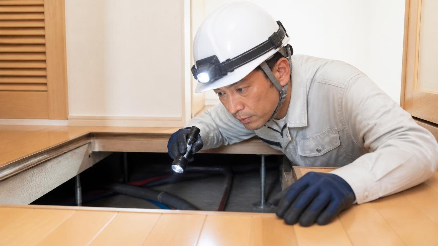 有資格者が床下を点検する場面 住宅の床下点検口で機材を持つ作業員1人 集中した表情
