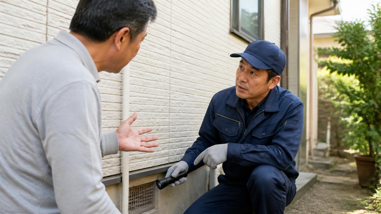イタチやハクビシンの捕獲には許可がいる。家の外壁まわりで点検する作業員に質問する50代男性