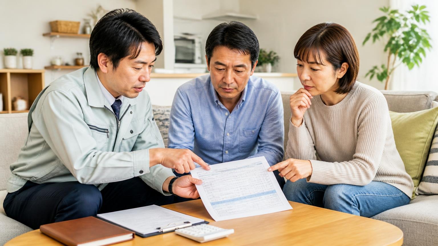 見積もりが書面で内訳が分かれているか リビングで作業員と施主2人が見積書を指さして確認する
