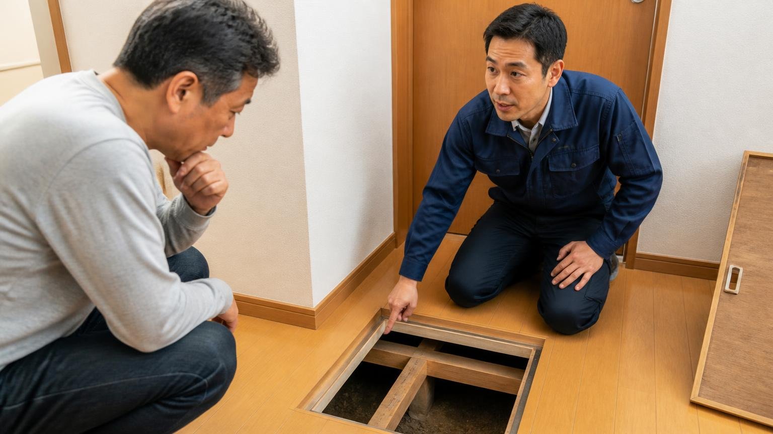表示料金が実際の支払額にならない理由。木造戸建ての床下点検口の前で作業員1人が施工範囲を指で示して説明する