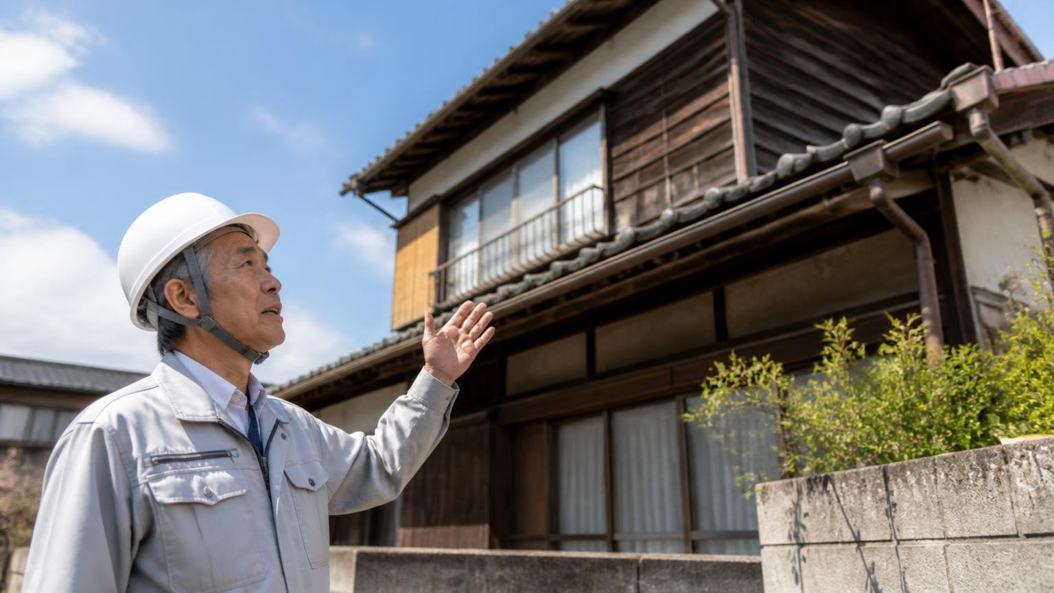 判断軸②事業をどれだけ長く続けているか。築古の木造戸建て前で年配の作業員1人が家を見上げて説明