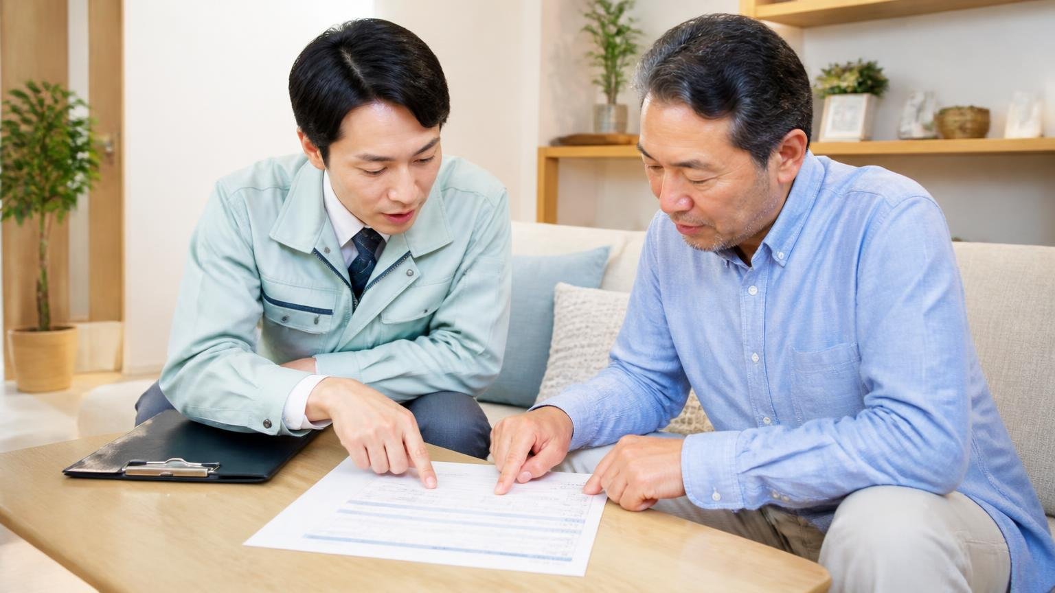 見積書で分けて書いてもらう5項目。リビングで作業員1人と住人1人が見積書を指さして確認し合う