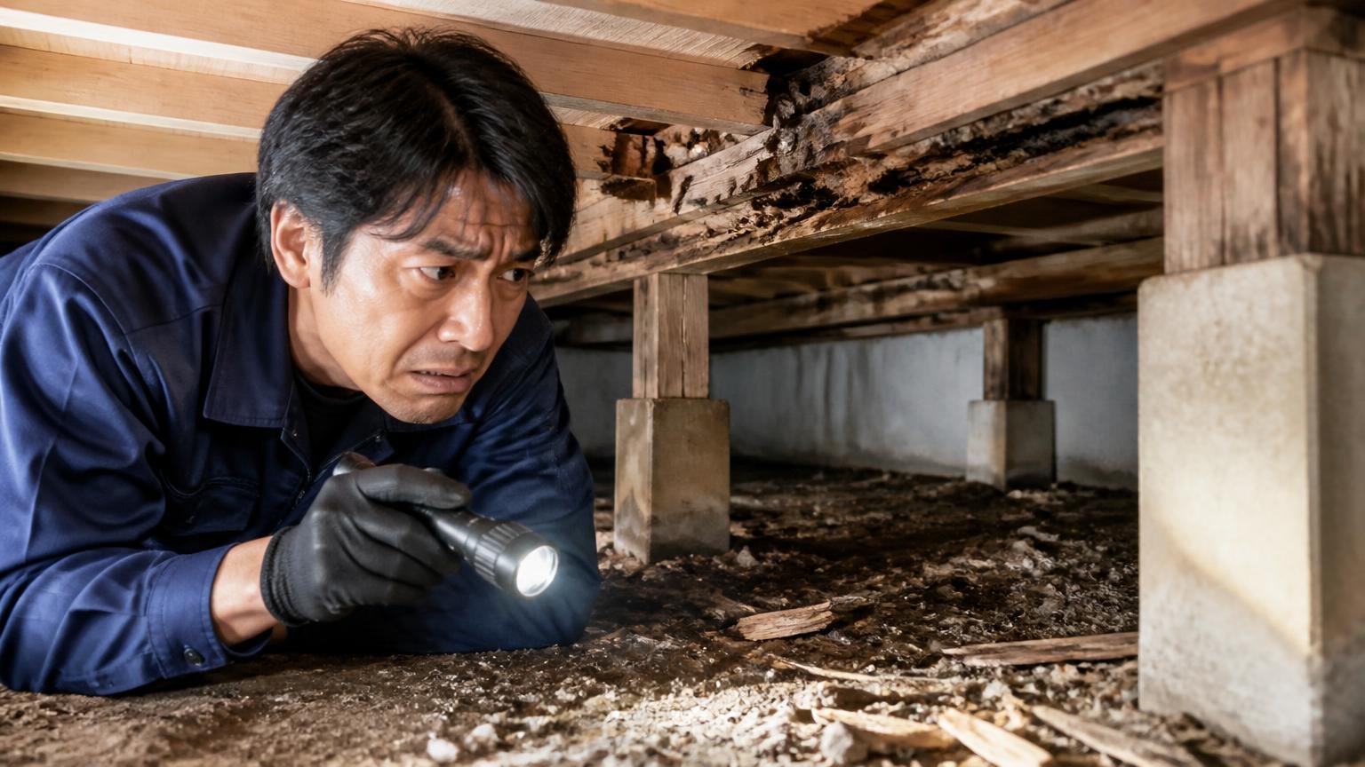 料金表がない理由。住宅の床下で作業員1人がライトを当て、被害範囲の広さに険しい表情を浮かべる