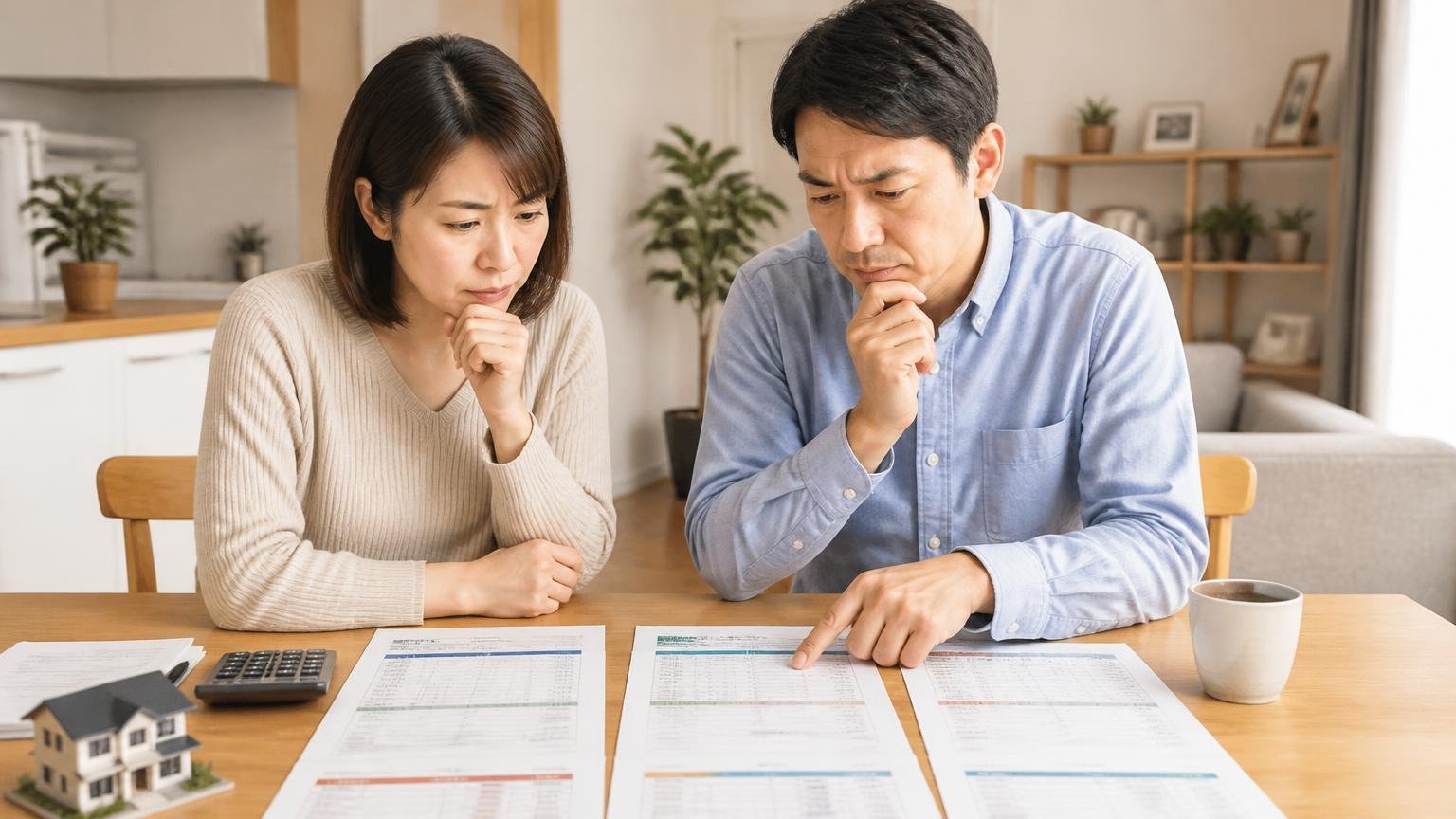 口コミが6件の会社を判断できないで終わらせない方法 住宅のダイニングで複数社の見積書を並べる 住人2人 真剣に見比べる表情