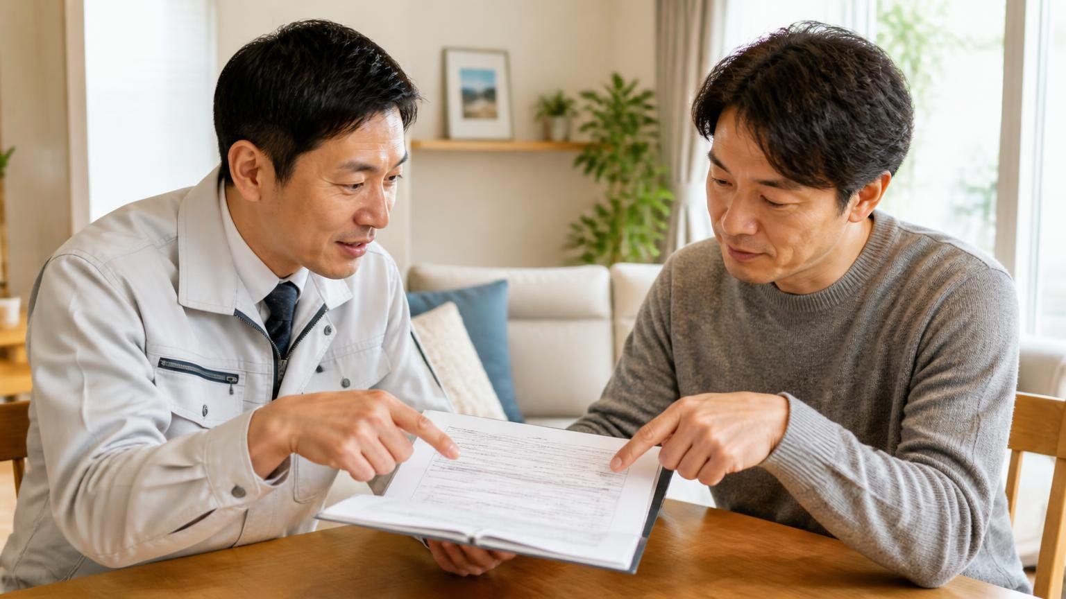 最長10年保証の条件を読み解く。住宅のリビングで作業員1人と住人1人が保証書を指さし、適用条件を一つずつ確認する