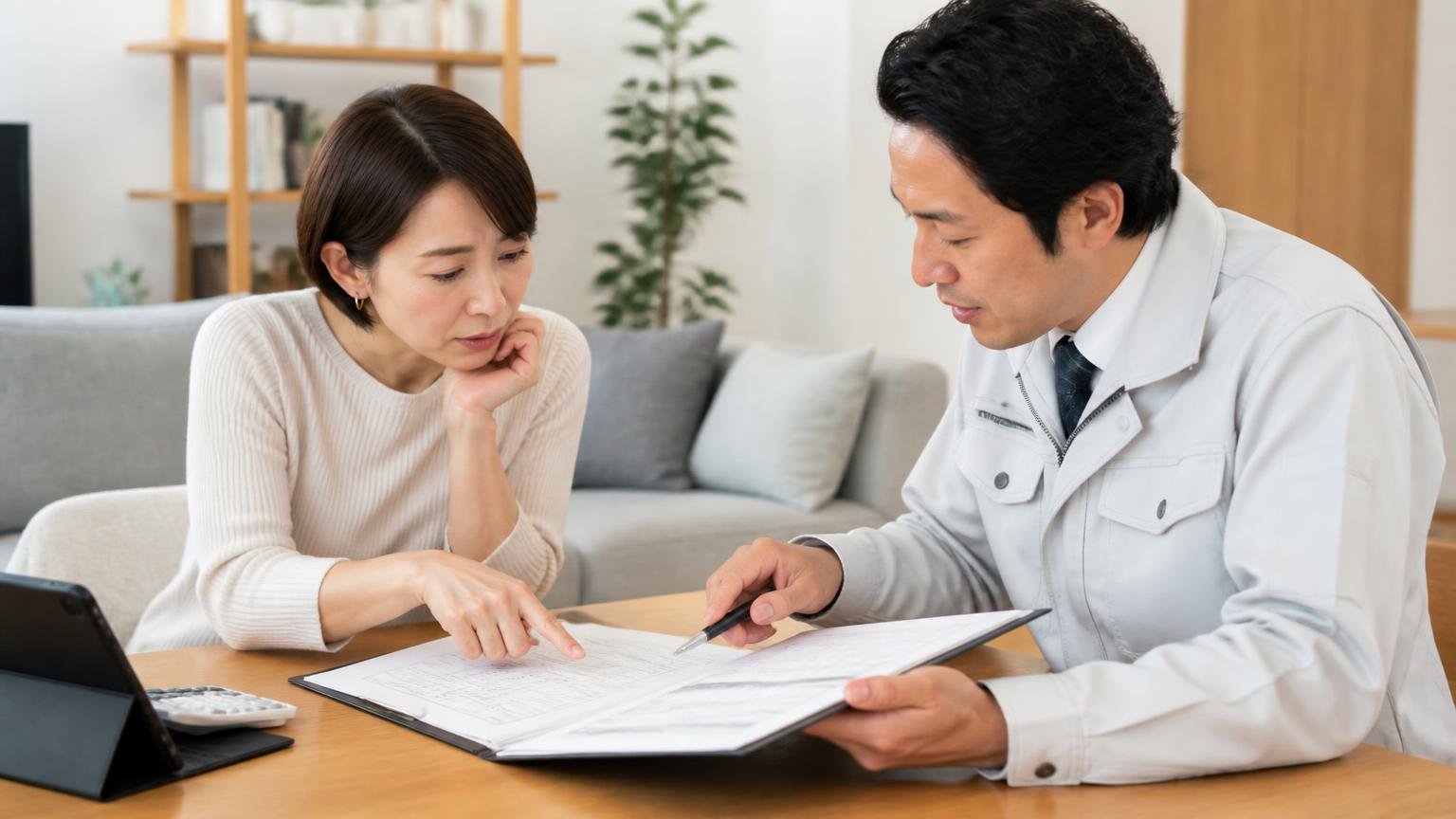 見積書の項目を指さして説明を受ける。リビングで作業員と向き合い見積書を確認する40代女性