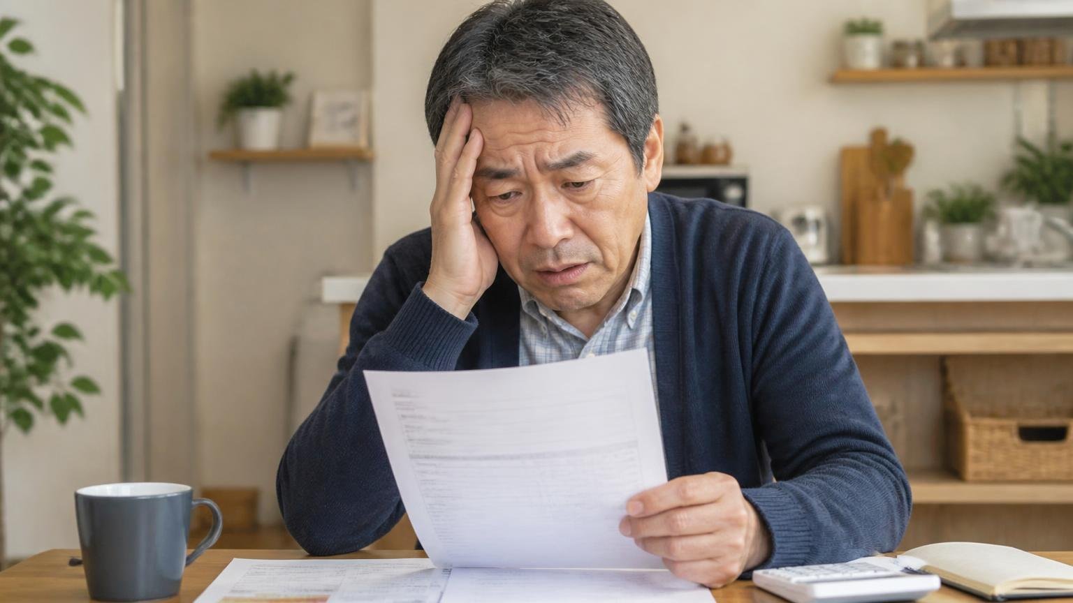 1社の見積もりだけで悩む場面。自宅のダイニングテーブルで見積書を手に頭を抱える50代男性1人