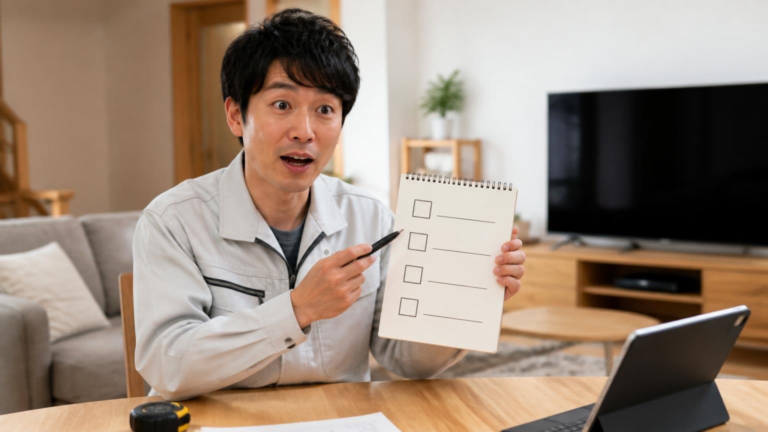 点数ではなく判断軸で見ることに気づく場面。木造戸建てのリビングで作業着の男性1人がメモ用紙に4つの項目を書き出して見せる