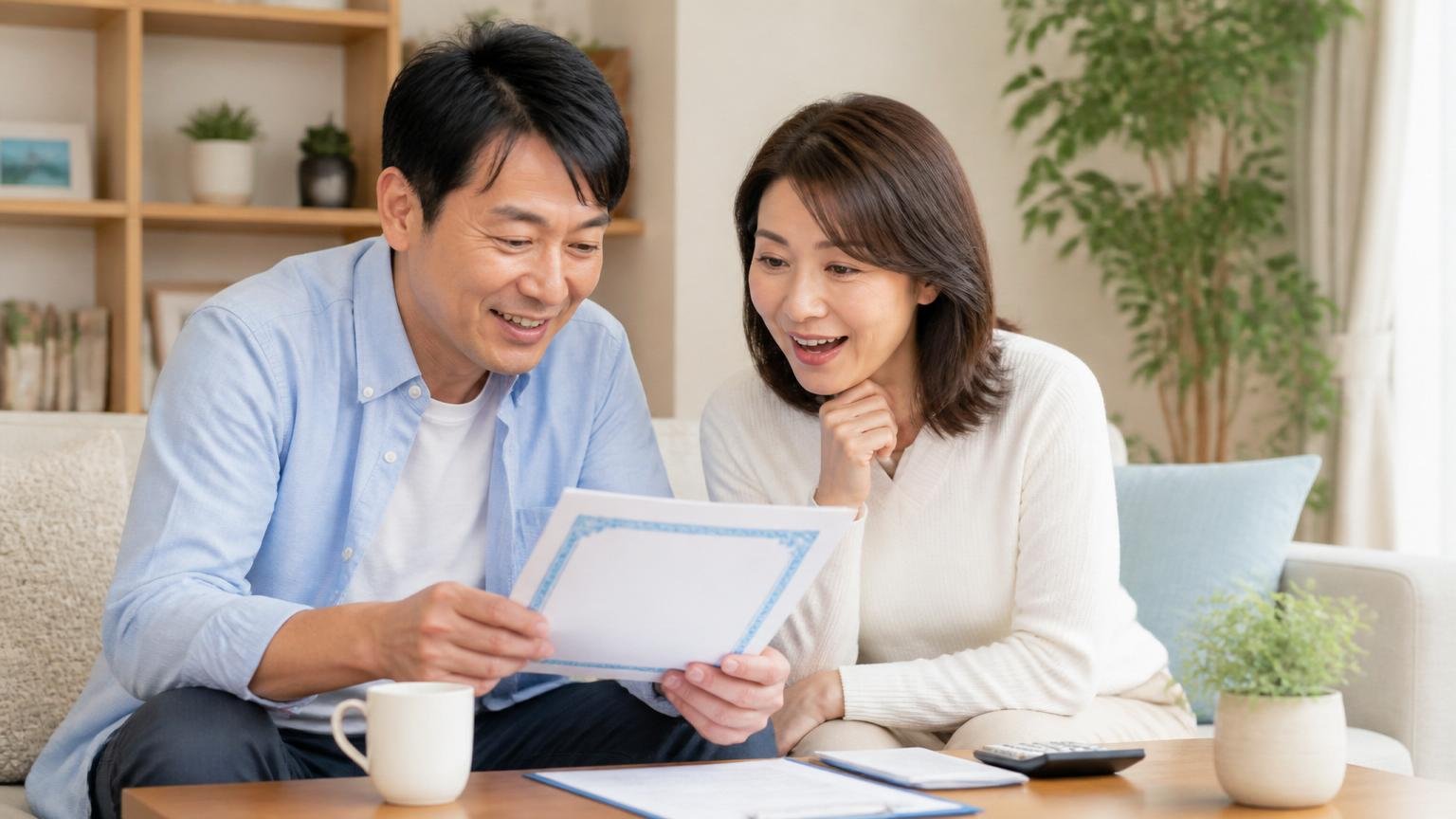 5年保証の中身を確認する場面。リビングで保証書を読み込む夫婦2人が納得した表情