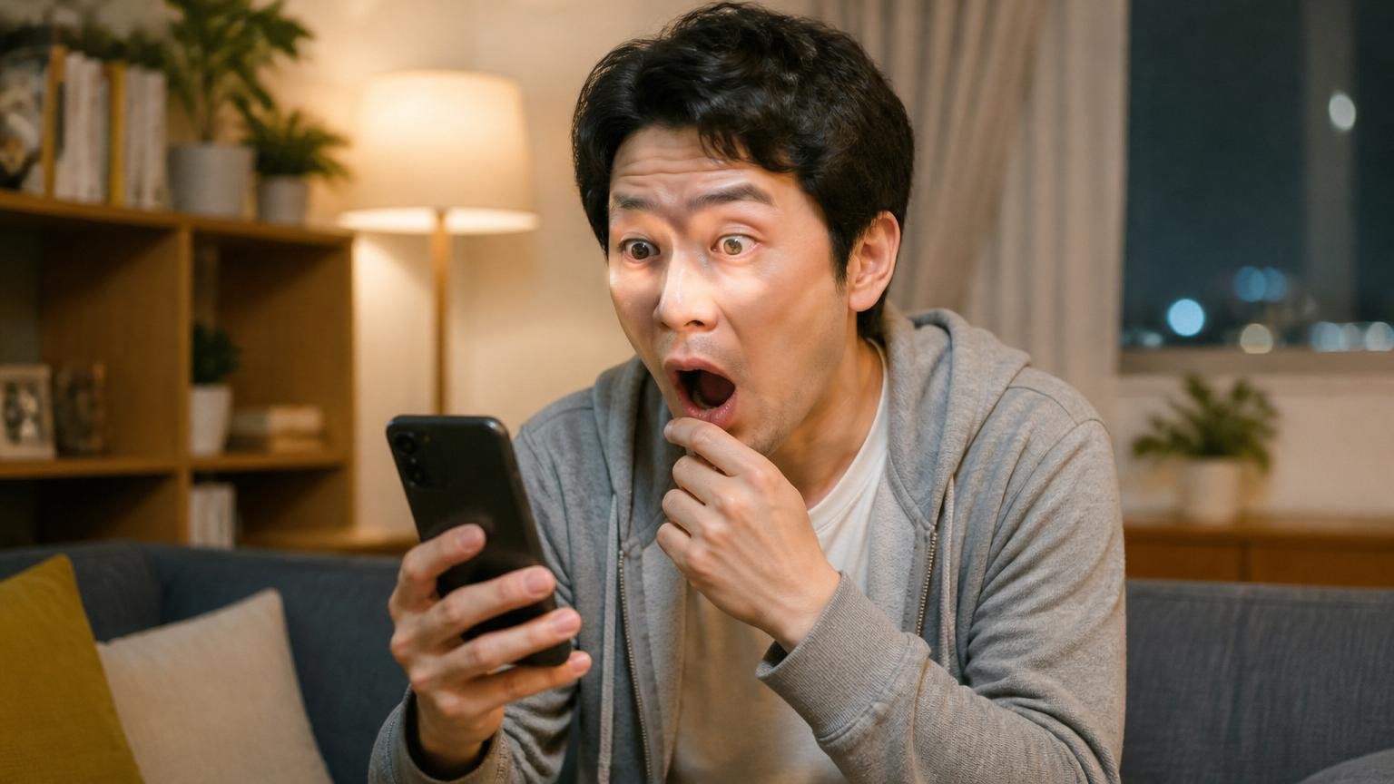 保証の条件に気づく場面。夜の自宅リビングでスマホの料金ページを見て思わず声をあげる30代男性