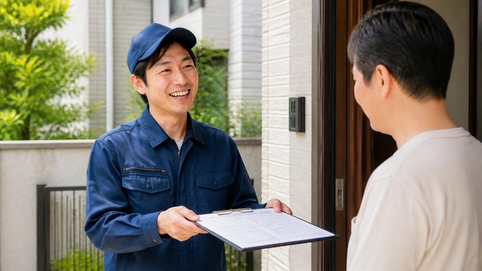 見立てを確かめる2社目に呼びたい害獣駆除業者3選。玄関前で作業員1人が住人1人に見積書を手渡し笑顔で説明