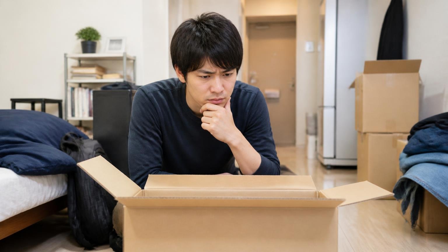 星2の口コミが教える相性。賃貸アパートの室内で段ボールを前に悩む20代男性
