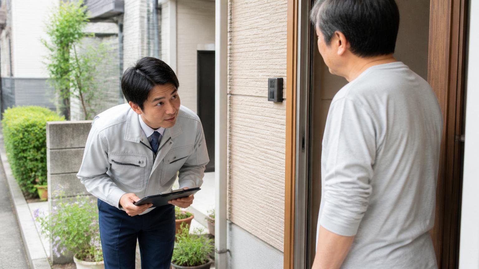 見積無料には例外がある。玄関前で作業員1人が住人に調査費について丁寧に説明して頭を下げる