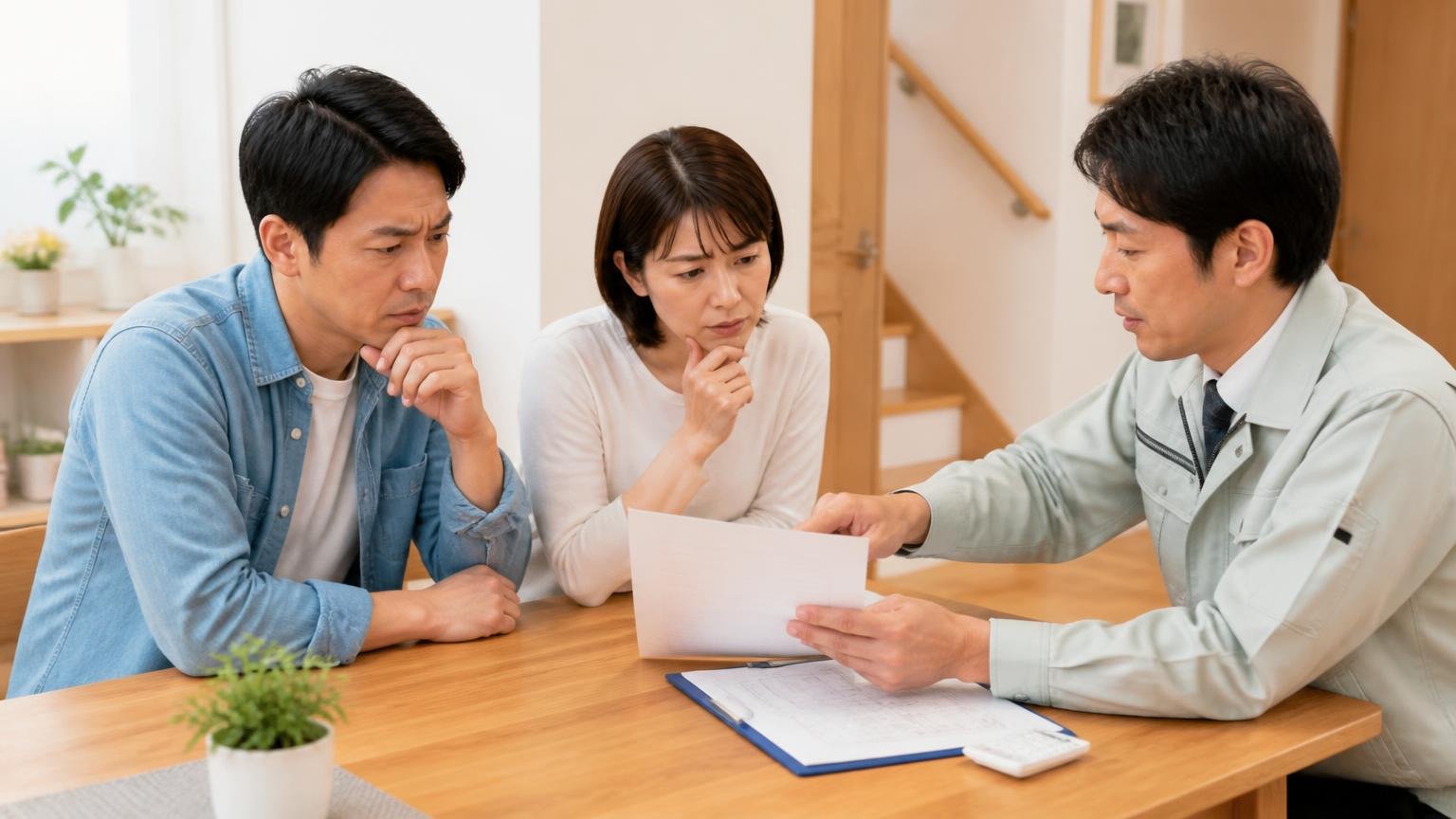 料金と保証は自分から聞くしかない|戸建てのダイニングテーブル|夫婦2人と作業服の担当者1人|見積書を指さして質問する