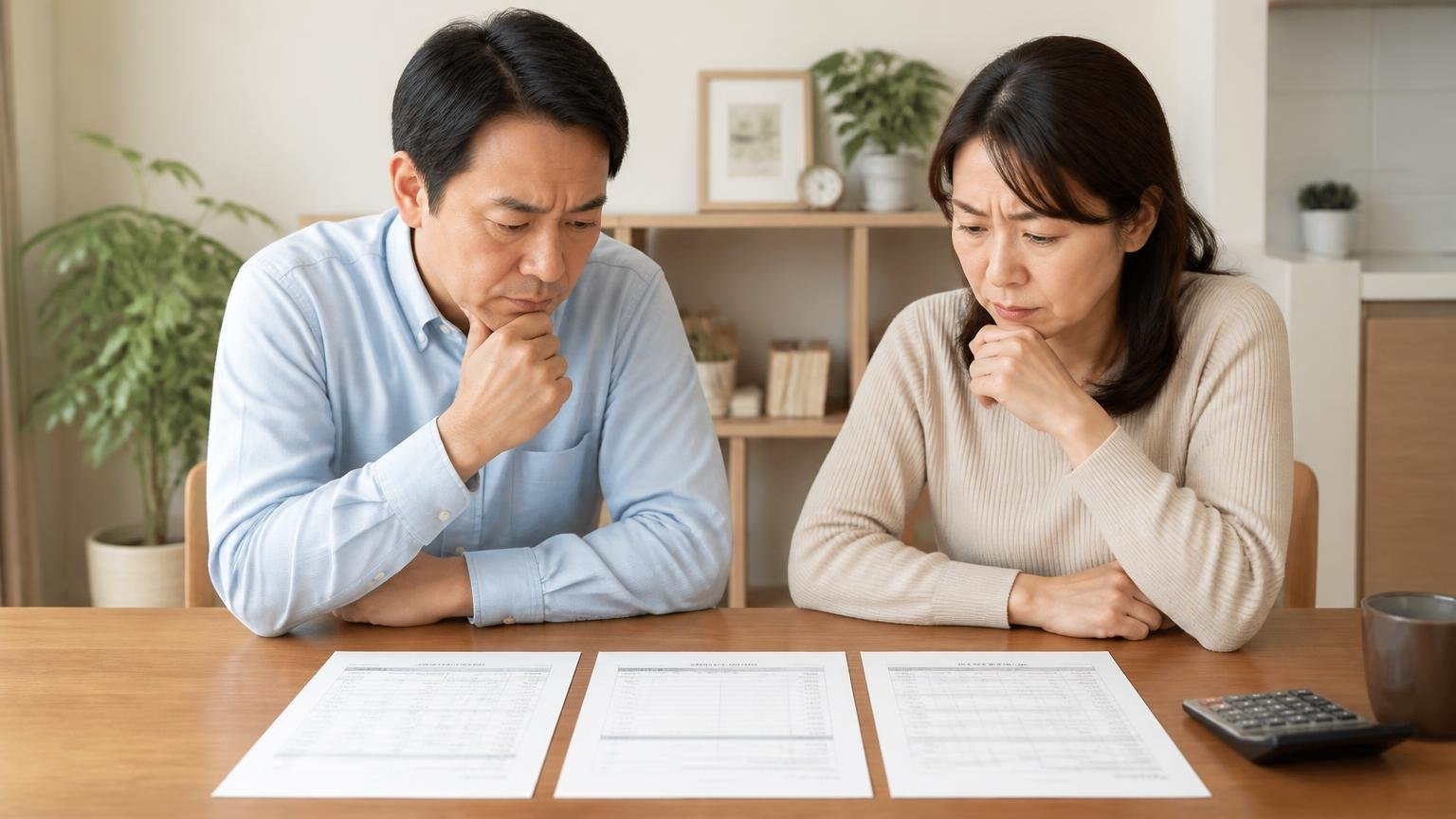 相見積もりで答え合わせ。ダイニングテーブルに3社の見積書を並べて見比べる40代夫婦、真剣な表情