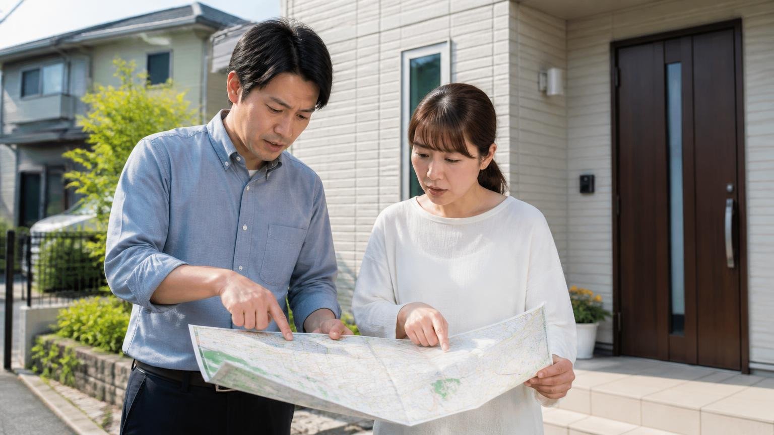 邦和理工の営業拠点は栃木県と群馬県、住宅の前で地図を広げて確認する住人2人が指さす
