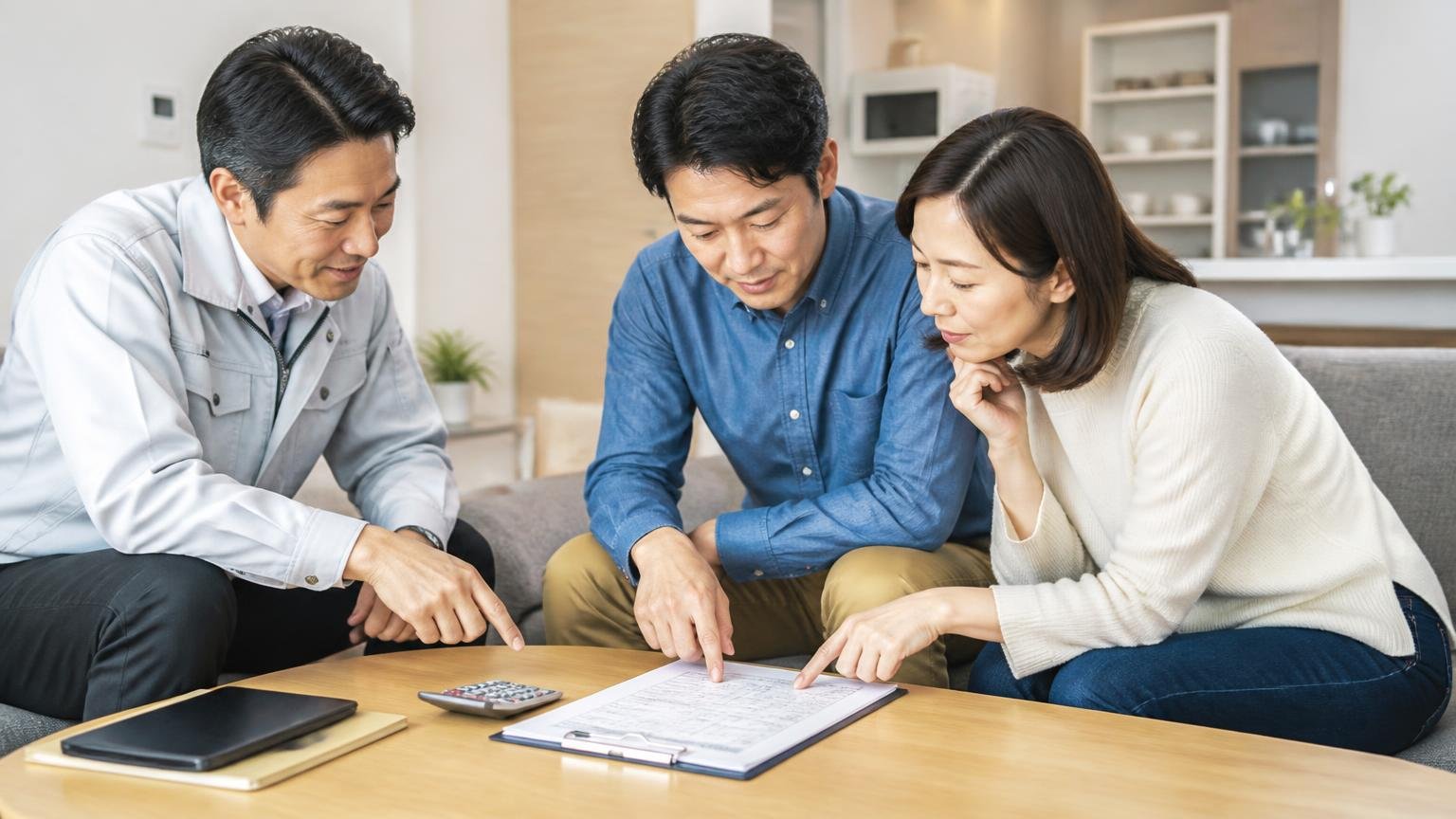 口コミから読み取る教訓。リビングで作業員と打ち合わせる40代夫婦が見積書の項目を指でなぞり確認する